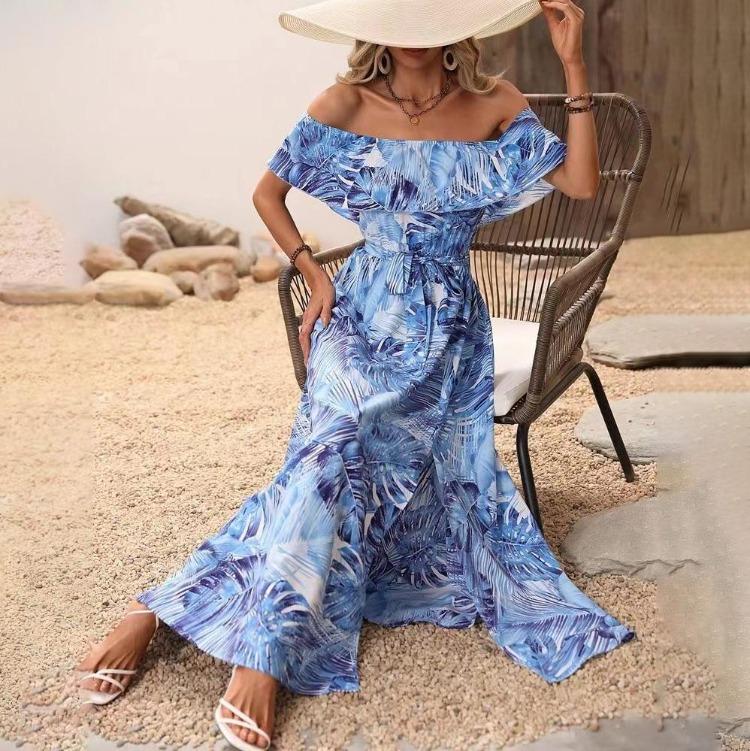 Women Summer Casual One Shoulder Sleeveless Flower Print Dress High Waist A-Line Belt Slit Ankle-Length Collar Dresses Spring