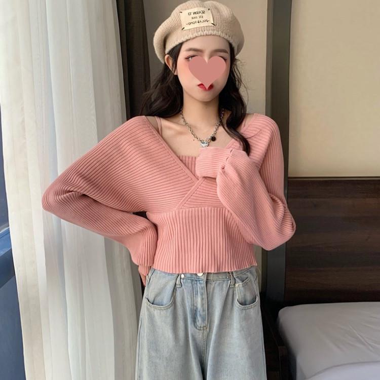 Поддельные два свитера, женские весенне-осенние вязаные свитера с v-образным вырезом, корейские короткие пуловеры