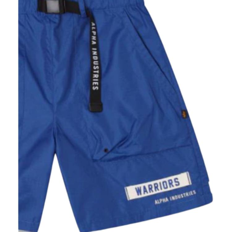 New Era × Коллаборация Alpha Industries Шаблон с логотипом Golden State Warriors Ленточка-бирка Эластичный пояс Повседневные шорты Шорты унисекс Синий 60334059