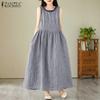 Women Casual O-neck Grid Printed Sleeveless Long Dress
