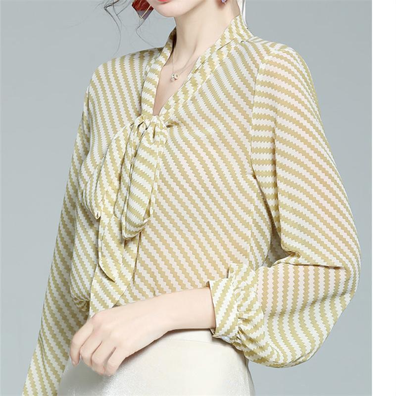 Элегантные женские летние блузки, повседневные женские топы, женская полосатая рубашка с бантом, шифоновая блузка, сорочка femme blusas, топ с длинными рукавами