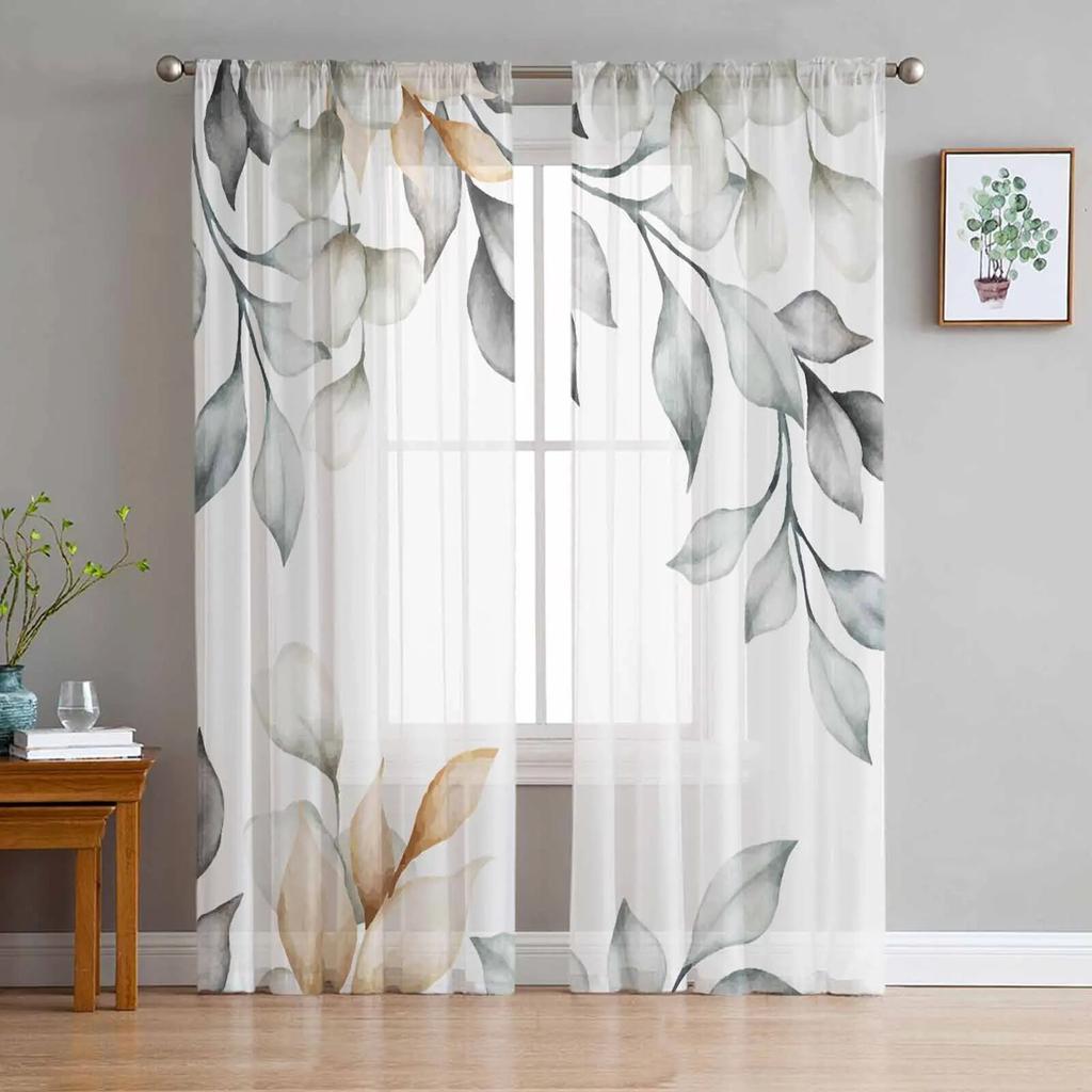 Summer Plants Leaves Watercolor Tulle Curtains for Living Room Sheer Curtain for Bedroom Kitchen Blinds Voile Curtains