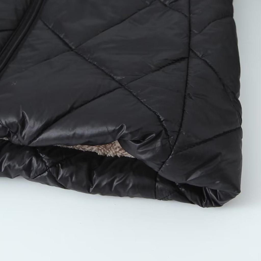 Women's Coat Solid Color Lambfleece Glossy Geometric Check Hooded Zipper Mid-length Cotton Jacket