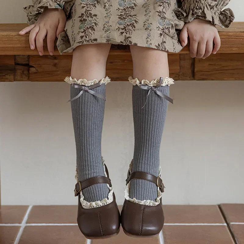 Retro Lace Bow Calf Sock for Kids Girl Sweet Beige Coffee Color Bow Ruffle Sock for Children Spring Autumn Cotton School Sock
