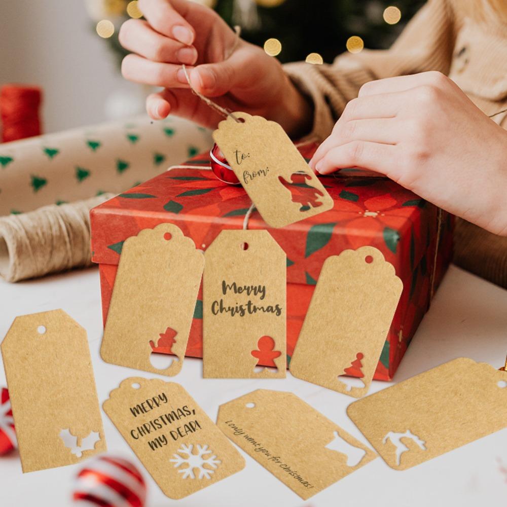 48/96/144pcs Santa Claus Gifts Labels Christmas Tree Shape Kraft Paper Tags Hanging Label New Year