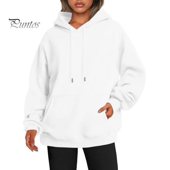 Women Fall Winter Hoodie Thick Hooded Long Sleeves with Big Pocket Plus Size Mid Length Solid Color Loose Elastic Cuffs Drawstring Sport Top