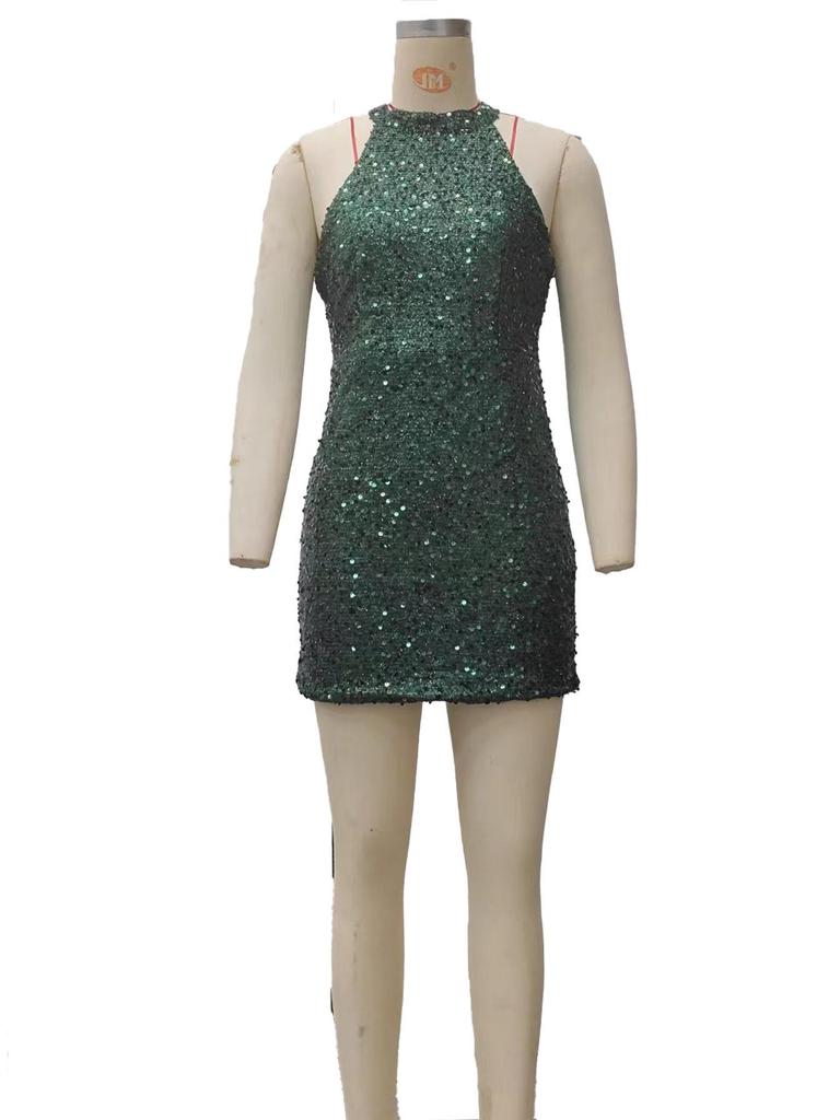 2024 Euro-American Crystal Tassel Halter Sequin Evening Dress