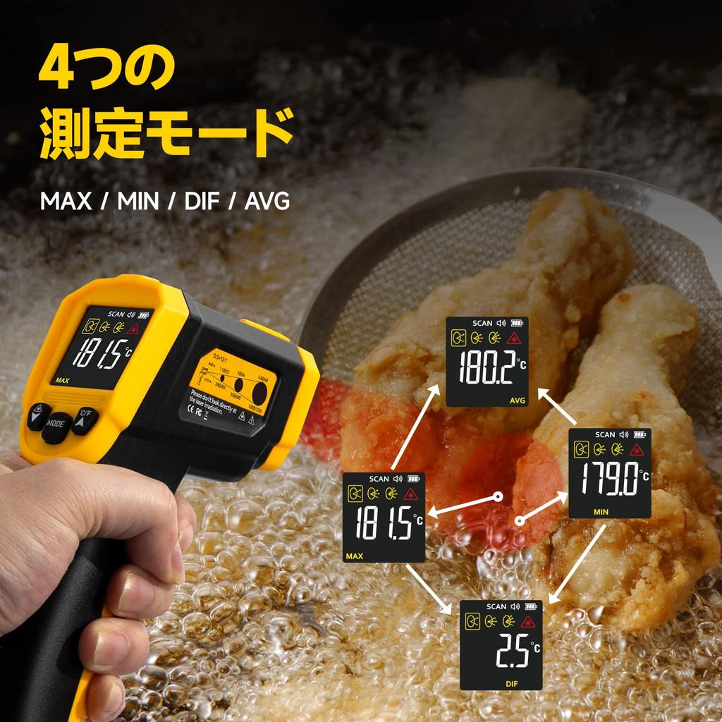 Wintall Инфракрасный термометр Температурный пистолет для лазерного инфракрасного поверхностного инструмента для пиццы с 3 регулируемыми коэффициентами излучения и макс. мин. средним -50℃ ~ 1000℃,