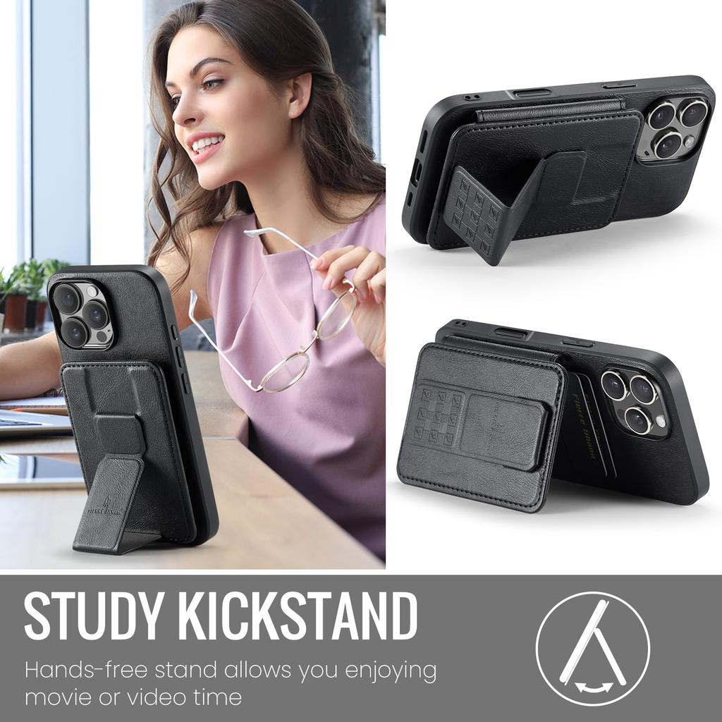 FIERRE SHANN 024 Чехол для iPhone 16 Pro с держателем для карт и подставкой, вощеная текстура, кожа+ТПУ чехол для телефона