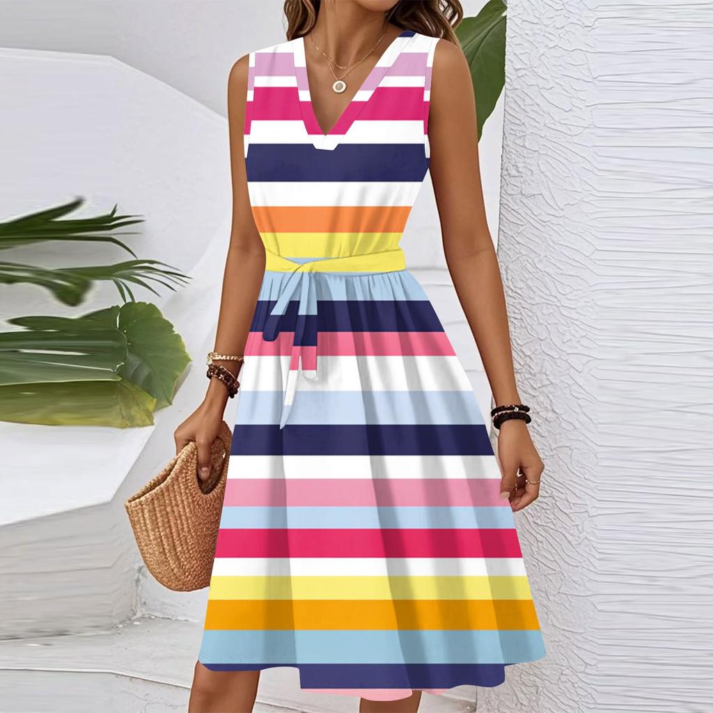 Женское летнее модное свободное платье с V-образным вырезом, без рукавов, на шнуровке, в полоску