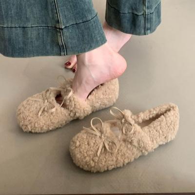 Туфли-лодочки женские замшевые с бантом, меховые лоферы, спортивная обувь на коротком плюше, повседневные, 2025, зима, новые женские кроссовки для ходьбы, zapatos
