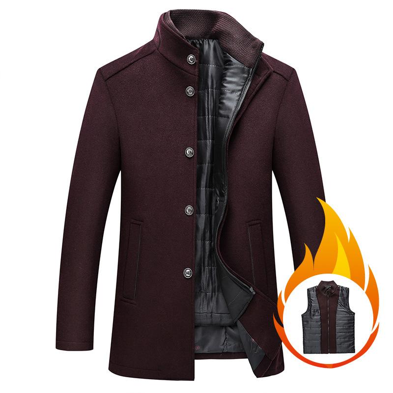 Autumn and Winter Men's Coat Woolen Coat Men's Stand Collar Woolen Coat with Vest 3XL