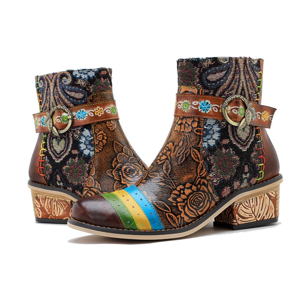 Johnature Обувь ручной работы из натуральной кожи с принтом, контрастные повседневные удобные женские короткие сапоги в стиле ретро в стиле ретро