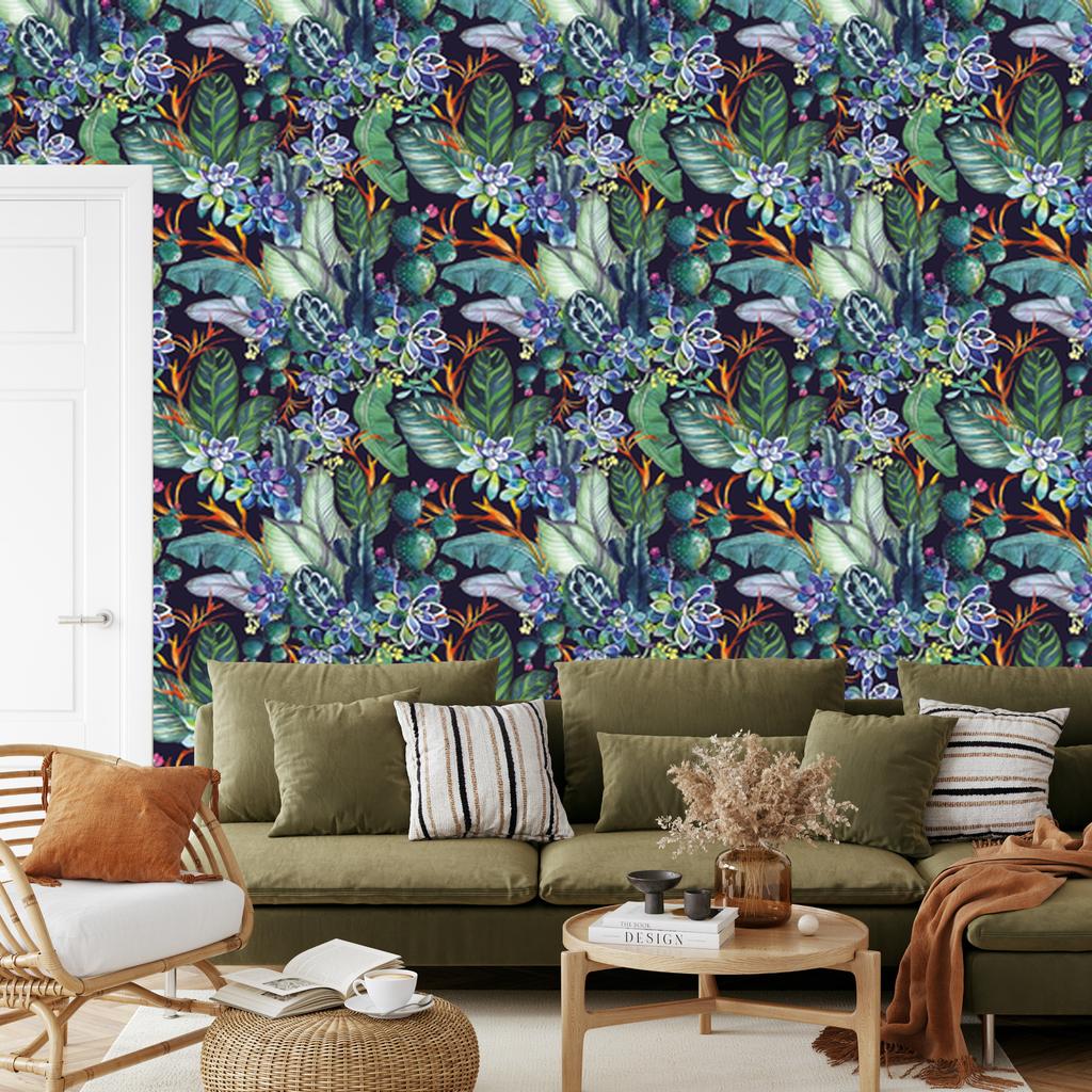 Succulents and tropical leaves wallpaper for living room and bedroom 50x1000