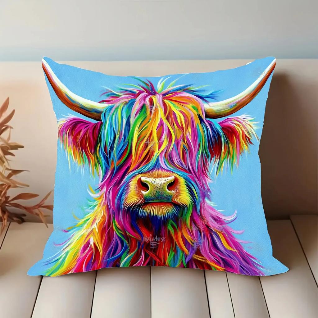 Modern Highland Cow Pillow Case Double-Sided Animal Print Decorative Cushion Cover, Machine Washable Home Car Decor, 1PC