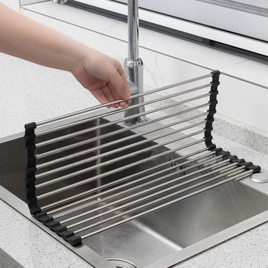 Yousheng Foldable Roll Up Dish Drying Rack Stainless Steel Sink Roller Organizer Practical Kitchen Gadget for Fruits Vegetables Cutlery