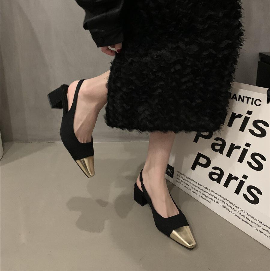 Французский маленький ароматный стиль, сочетание цветов, легкий вырез, толстый каблук, одинарные туфли женские, 2025 весна, новая модная сумка, открытый носок, высокий каблук, сандалии