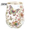 Colorful Butterfly Glassware Hand Painted Glass Tumbler, Egg Shaped Cup with Gold Rim, Clear Lead-Free Safe Drinking Mug for Tea Coffee Wine