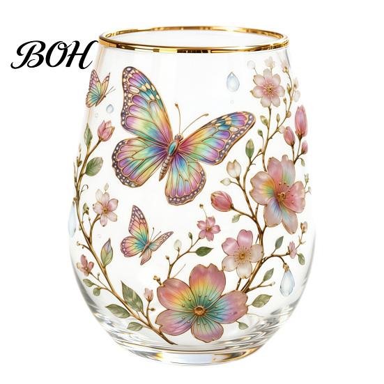 Colorful Butterfly Glassware Hand Painted Glass Tumbler, Egg Shaped Cup with Gold Rim, Clear Lead-Free Safe Drinking Mug for Tea Coffee Wine
