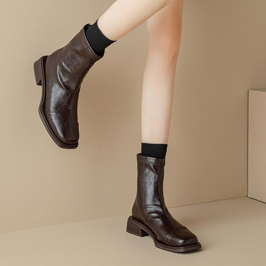 Огромный комфорт~ Lan cabinet маленькие короткие ботинки женские 2025 новые мягкая кожа осень и зима толстый каблук эластичные тонкие ботинки дети