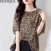 MODIQUE Summer Plus Size Summer Women T-Shirt Casual Loose Chiffon O-Neck Sweet Tees Cotton Linen Leopard Print Streetwear Short Sleeve Big Size
