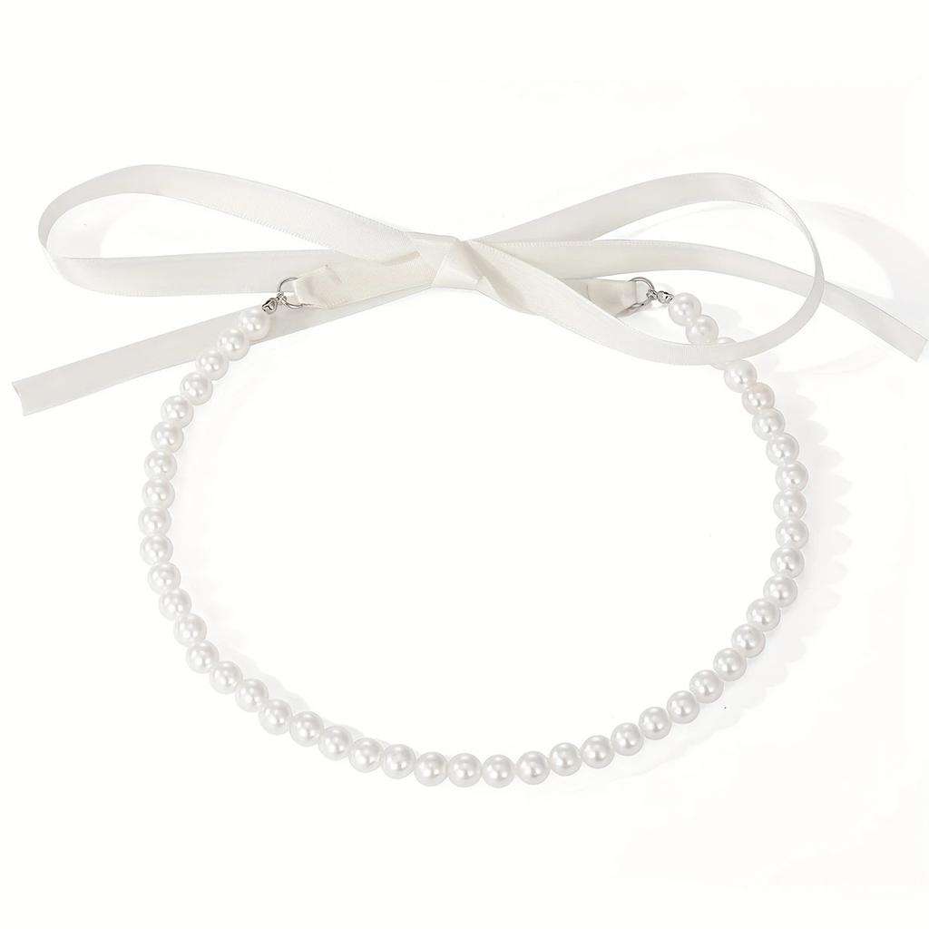 Винтажное длинное колье-цепочка с лентой-бантом на ключицу, бархатное колье на шнуровке с искусственным жемчугом