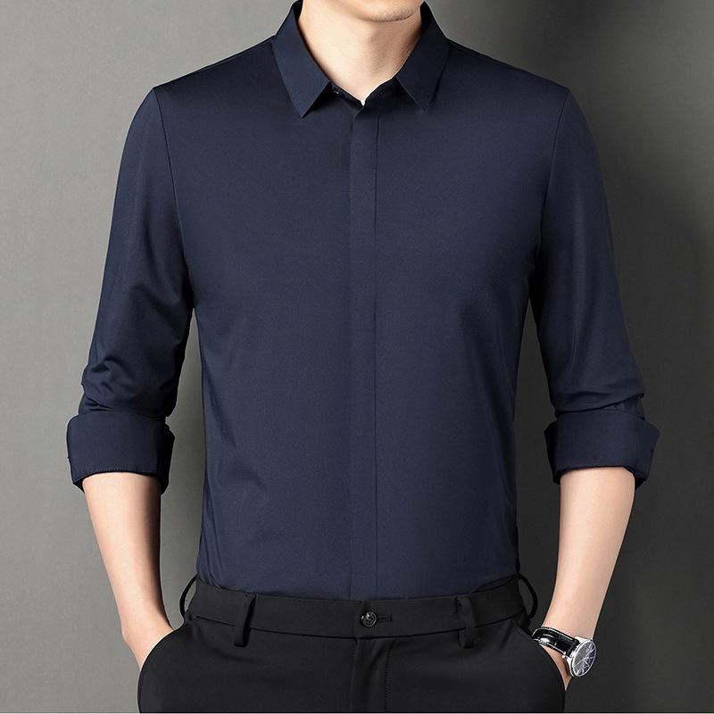 Men's Long-Sleeved Shirt Spring and Autumn Dark Placket Business Casual Solid Color Elastic Seamless Shirt