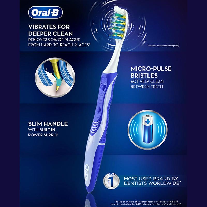 ORAL B Pro-3D White Pulsar Вибрирующая электрическая зубная щетка на батарейках, упаковка 2 шт., вибрирующие щетинки, тонкая ручка со встроенным источником питания