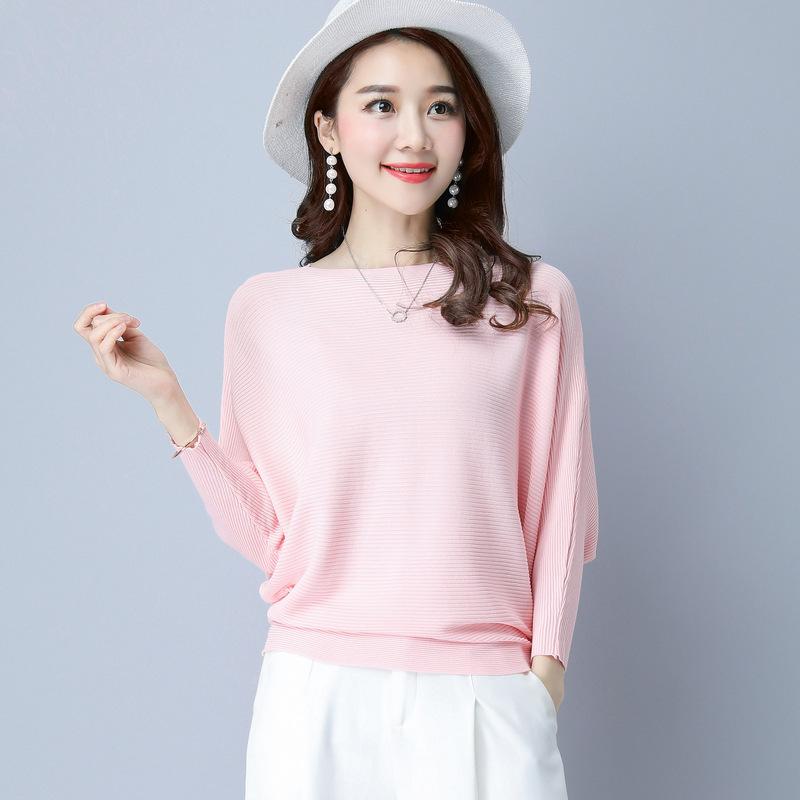 Bat Sleeve Sweater Spring and Autumn Solid Color Pullover Short Long Sleeved Knitted Sweater