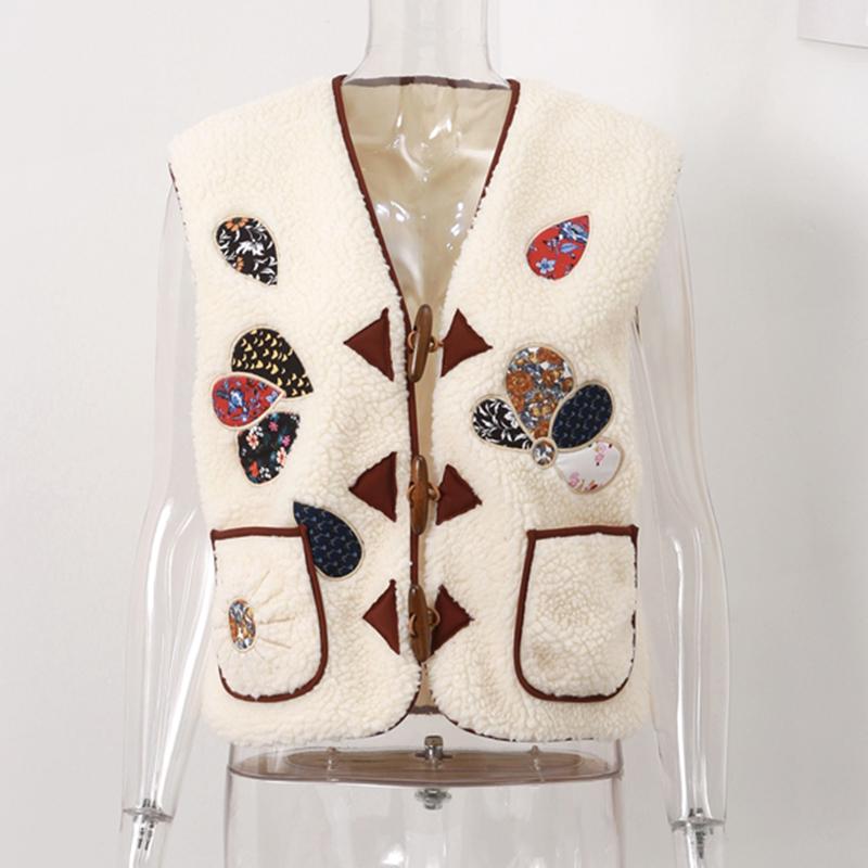 Женский повседневный жилет из овечьей шерсти с принтом, V-образным вырезом, без рукавов, с роговыми пуговицами, карманами, майками, осенний винтажный уличный жилет