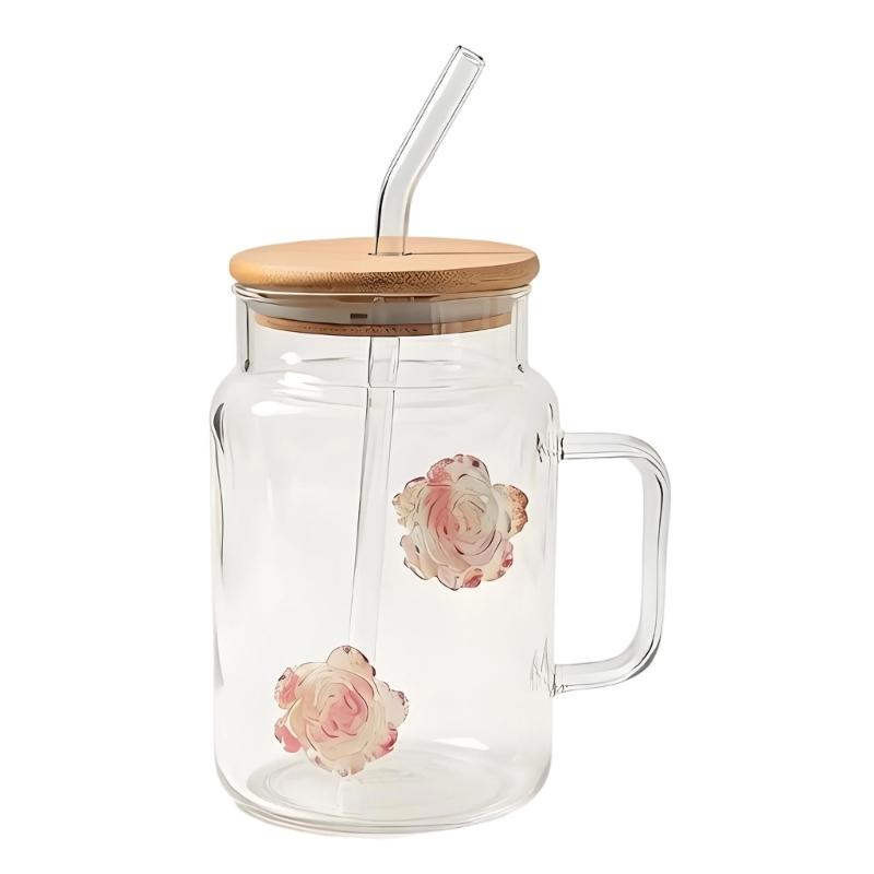 Premium Glass Tumblers With Ergonomic Handle And Straw Wooden Lid For Hot and Cold Drink Juice Coffee Tea Drinking Mug