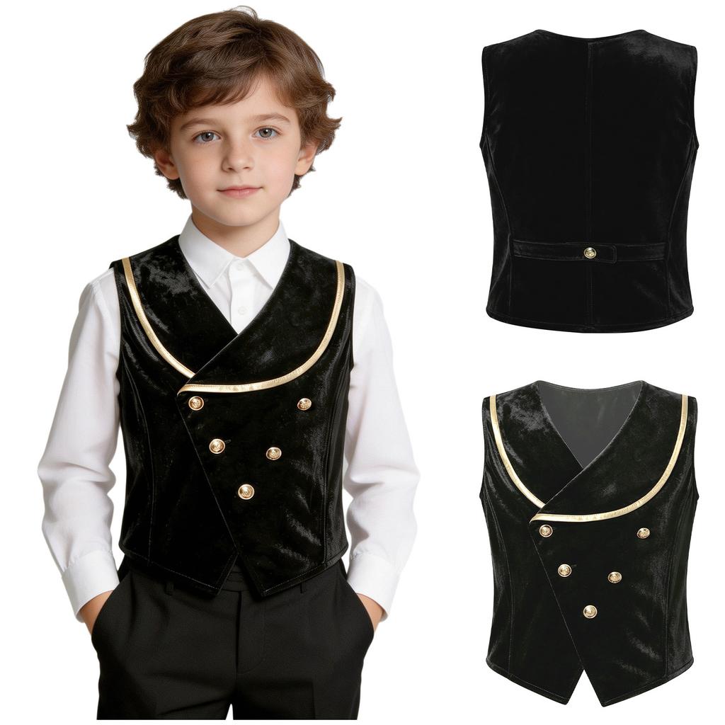 Kids Boys Renaissance Velvet Vest Metallic Trim Lapel Collar Sleeveless Button Irregular Hem for Halloween Theme Party Dress Up