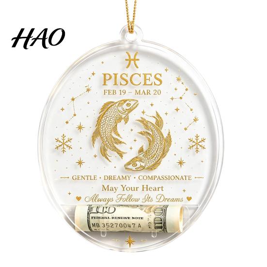 Acrylic Decorative Pendants Christmas Tree Money Holder Pendant, Transparent Round Hanging Ornament, 12 Ornaments Zodiac Signs Theme Accent for Party