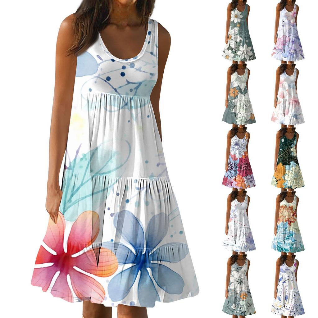 Женские платья-жилеты Лето-весна Плиссированные богемные платья Симпатичные струящиеся пляжные платья без рукавов Прямая футболка Платья-майки Платья с круглым вырезом