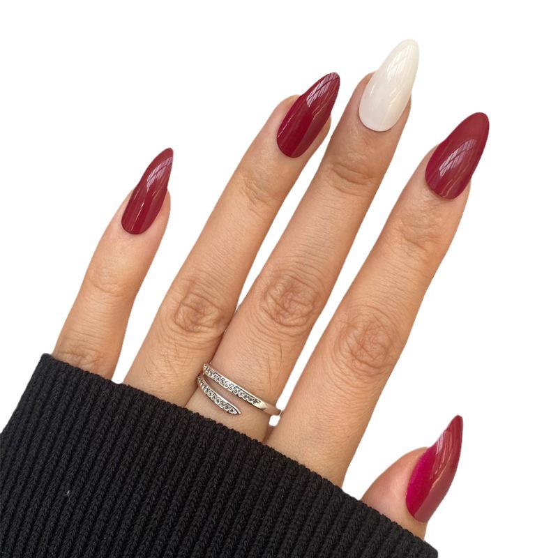 Medium-Long Wine Red Wearable Nail Tips - 24 Removable European & American Style Manicure Patches