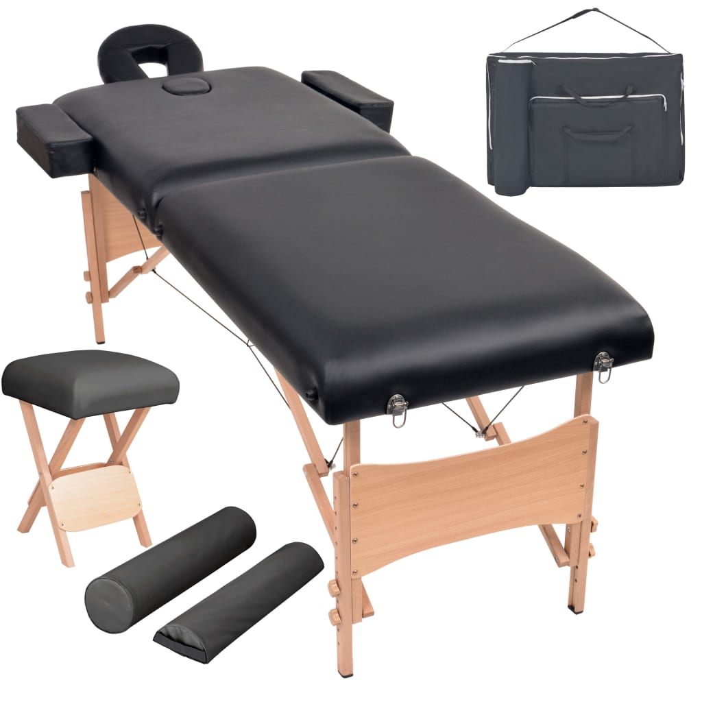 2 Zone Massage Table with Stool Foldable 10 cm Thick Seat Black