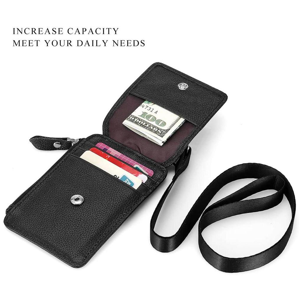 Genuine Leather ID Holder with Zipper RFID Keychain Wallet Neck Lanyards with Swivel Hook for Card/Coin/Cash Black Card Holder
