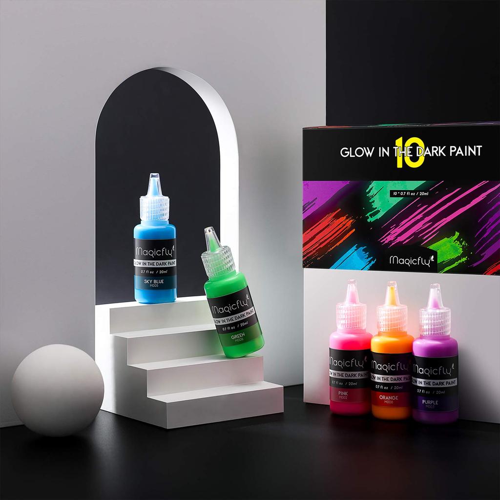 Magicfly Acrylic Glow In the Acrylic 10 Color Acrylic Can Be Painted On Quick Coloring Art Paint, Dark, Pigment, Luminous, Set, Color, 20ml,