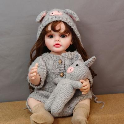 Реалистичная кукла-новорожденная девочка, игрушки 55 см, силиконовая кукла для малышей Bebe Rebirth всего тела с вьющимися волосами с корнями, серый вязаный комбинезон, детские куклы для детей