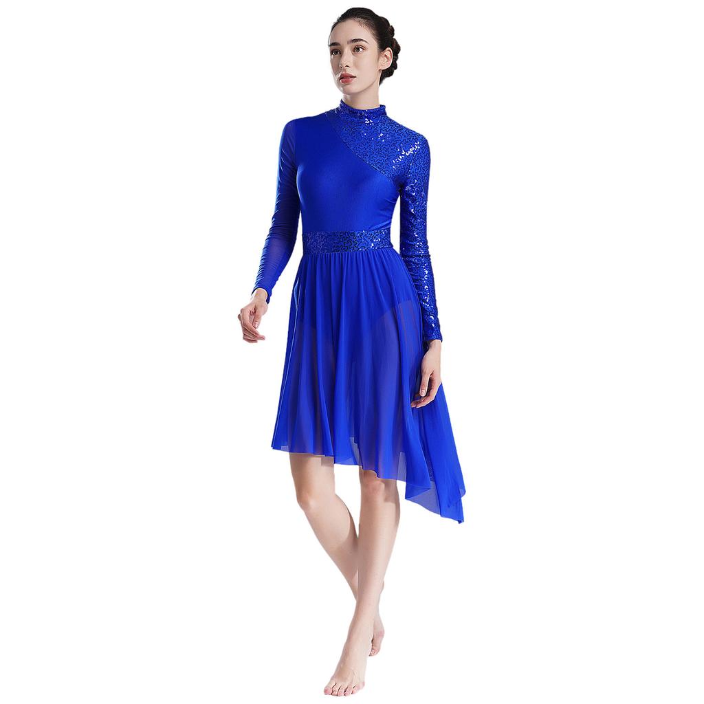 Women Sparkly Sequins Modern Lyrical Dance Dress Long Sleeve Irregular Hem Dresses Performance Costume