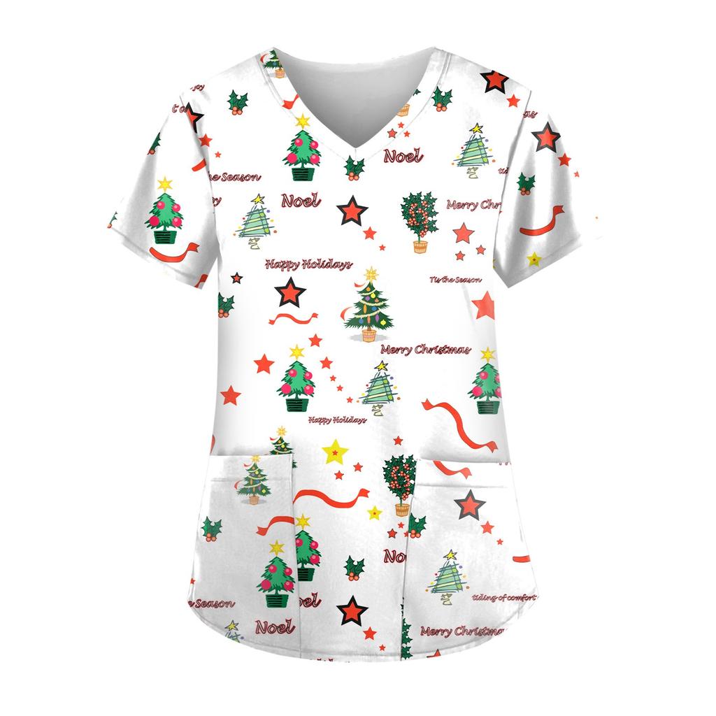 Женские топы с короткими рукавами и v-образным вырезом с рождественским принтом, рабочая блузка с карманами, рубашки, униформа