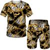 Luxury Gold Flower Print Men's T-shirt+shorts Two-piece Summer Casual Round Neck Sportswear Loose Breathable Men's Wear