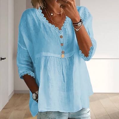 Женская рубашка V-образный вырез 45720 рукав свободный крой кружевные топы сращивание однотонные