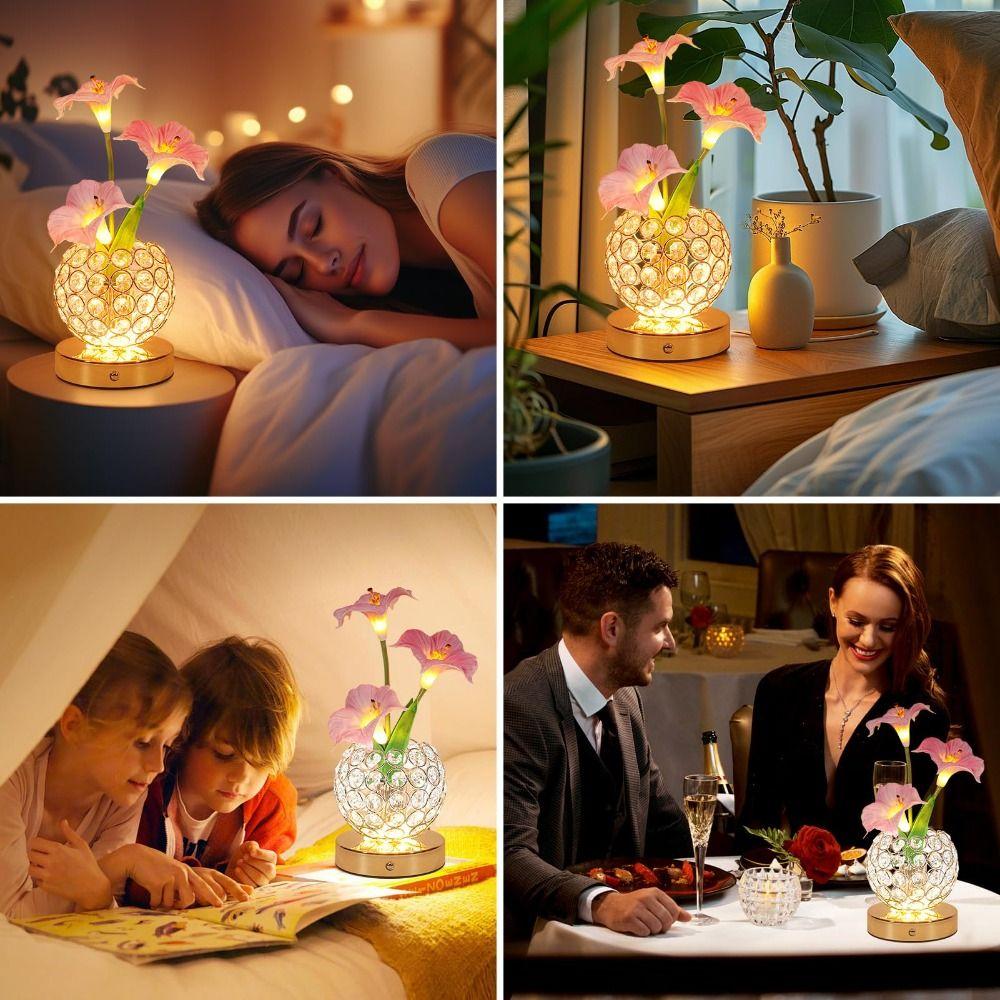 USB Rechargeable Morning Glory Night Light Crystal Flower Bedside Lamp for 1200mAh Desk Decor