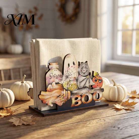 Unique Holiday Kitchen Decor Happy Halloween Wooden Napkin Holder, Cute Ghost Pumpkin Black Cat Tissue Rustic Wood Dispenser Paper Dispenser, Vertical