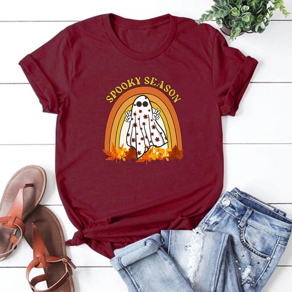 Retro Halloween Tshirt Spooky Season TShirts Cute Ghost T Shirt Fall Rainbow Tshirts Halloween Womens T Shirt Graphic Tees
