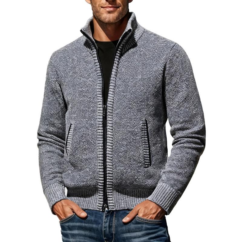 Men S Long Sleeve Stand Collar Zip Up Knit Cardigan Fleece Warm Coat