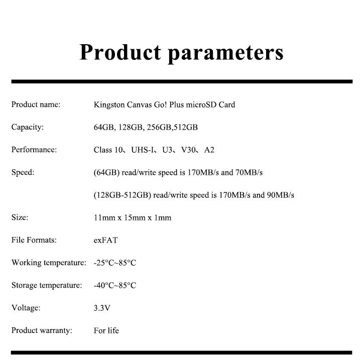 Kingston Карта памяти microSDXC 64 ГБ, 170 МБ/с, 128 ГБ, 256 ГБ Canvas Go! Карта памяти microSDXC Plus класса 10 UHS-I U3 V30 A2 SDCG3/64 ГБ/128 ГБ/256 ГБ
