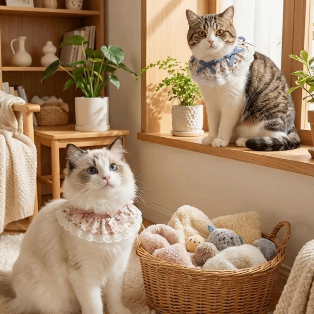Cartoon Knitted Collar Lace Floral Bows Pet Bib Cute Cat Clothes Cat Accessories