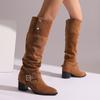 Women's High-heeled Boots Autumn and Winter New Thick-heeled Solid-color Large-size Suede Medium Boots